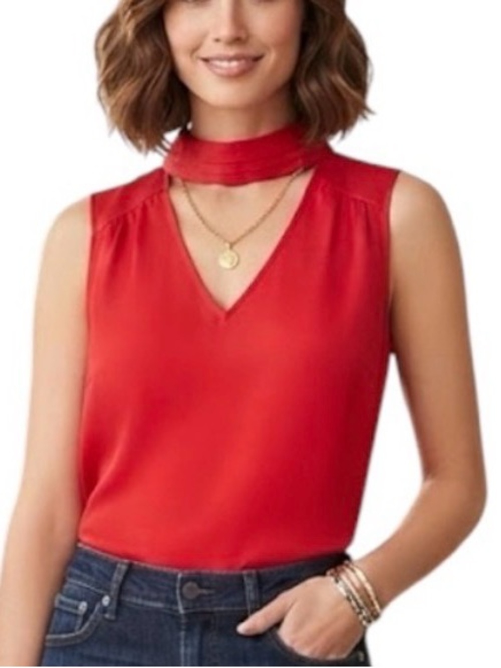 VINCE CAMUTO Red Choker Neck High Low Keyhole Floaty Tank Blouse Womens Small S
